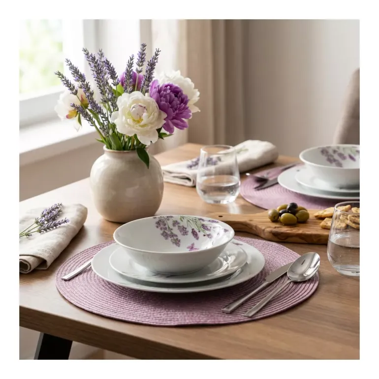 PRIMA DECO Komplet obiadowy 18 el dla 6 os LAWENDA / okrągły / porcelana
