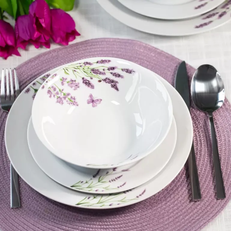PRIMA DECO Komplet obiadowy 18 el dla 6 os LAWENDA / okrągły / porcelana