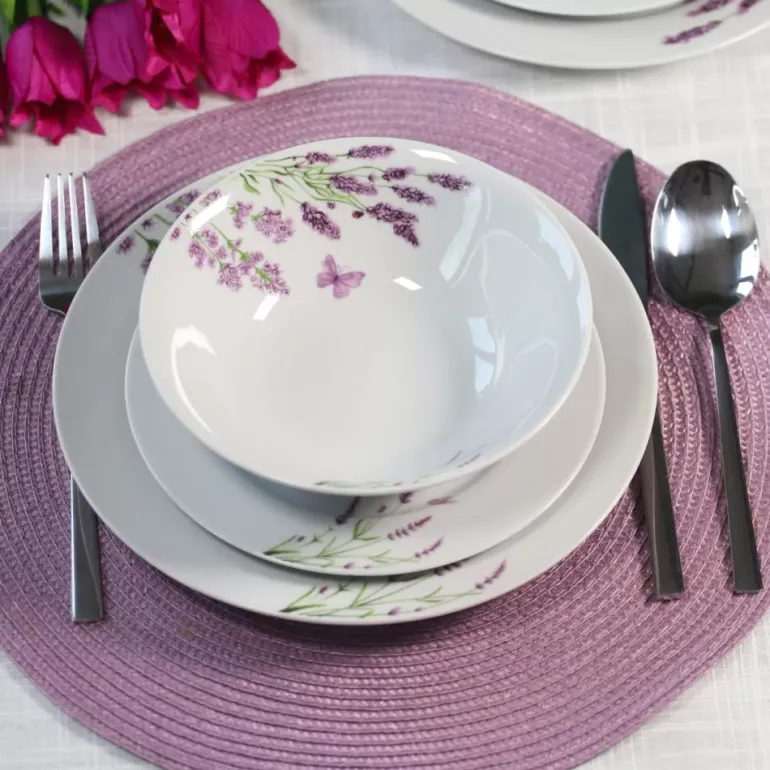 PRIMA DECO Komplet obiadowy 18 el dla 6 os LAWENDA / okrągły / porcelana