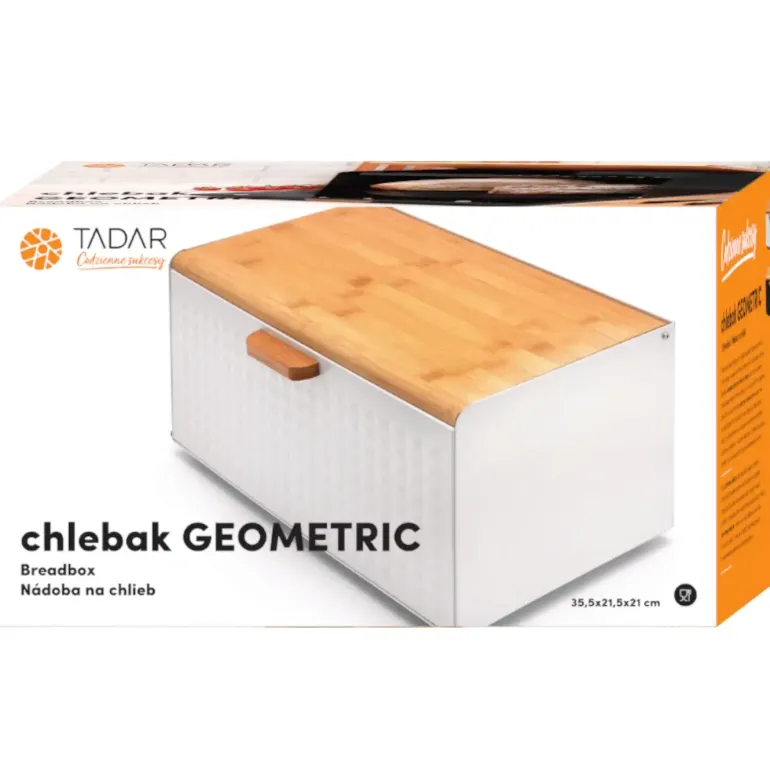 TADAR GEOMETRIC Chlebak z drewnianą pokrywką 35,5 x 21,5 cm / czarny / stal nierdzewna