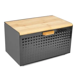 TADAR GEOMETRIC Chlebak z drewnianą pokrywką 35,5 x 21,5 cm / czarny / stal nierdzewna