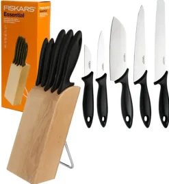 WYPRZEDAŻ! FISKARS ESSENTIAL Noże kuchenne 5 noży w bloku drewnianym / 1023782