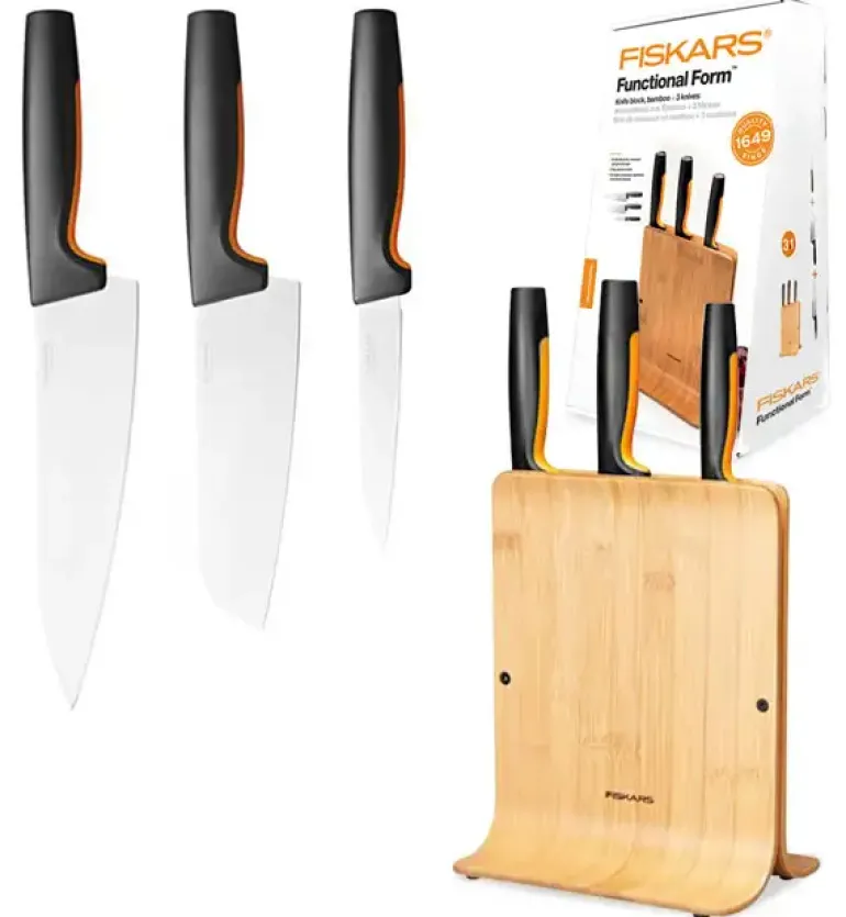 WYPRZEDAŻ! FISKARS FUNCTIONAL FORM 1057553 Komplet 3 noży w bloku bambusowym