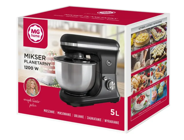 WYPRZEDAŻ! MG HOME Mikser planetarny 5 l z misą i 3 końcówkami / 1200 W / 5 funkcji
