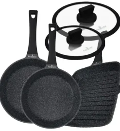 ZWIEGER BLACK STONE Komplet patelni 24, 28 cm + Patelnia grillowa 28 cm + Pokrywki / GREBLON non-stick