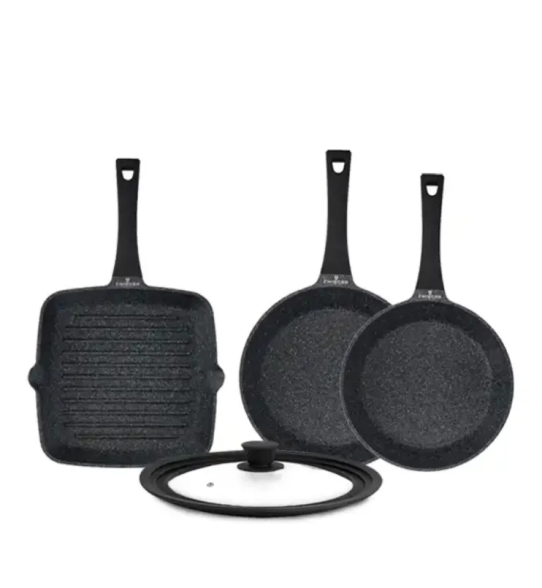 ZWIEGER BLACK STONE Komplet patelni 24, 28 cm + Patelnia grillowa 28 cm + Pokrywka uniwersalna Tadar / GREBLON non-stick
