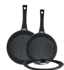 ZWIEGER BLACK STONE Komplet patelni uniwersalnych 24 + 28 cm + Pokrywka uniwersalna Tadar / GREBLON non-stick