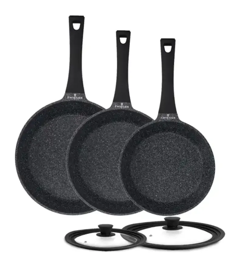 ZWIEGER BLACK STONE Komplet patelni 20 + 24 + 28 cm + Pokrywki uniwersalne Tadar / GREBLON non-stick