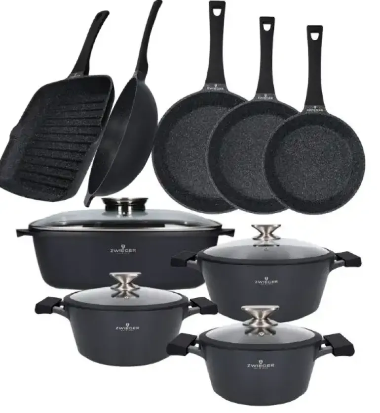 ZWIEGER BLACK STONE Zestaw garnków z pokrywkami 20, 24, 28 cm + Patelnie 20, 24, 28 cm + Grillowa 28 cm + Brytfanna 32 cm + Wok 32 cm