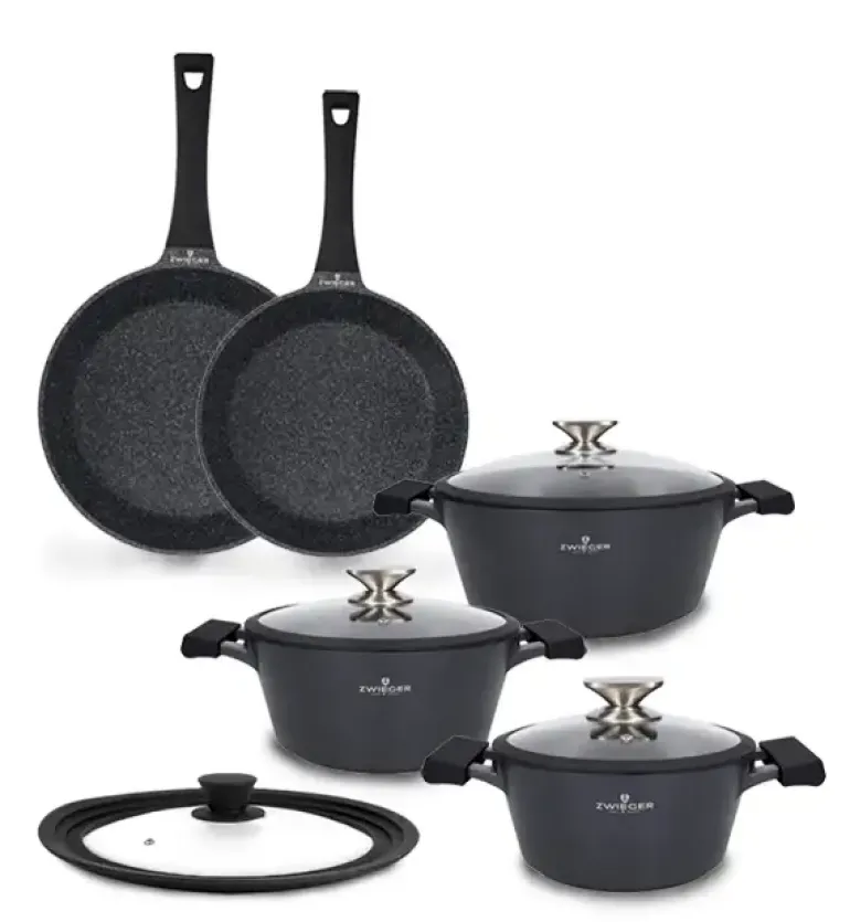 ZWIEGER BLACK STONE Zestaw garnków z pokrywkami 20, 24, 28 cm + Patelnie 24, 28 cm + Pokrywka uniwersalna Tadar