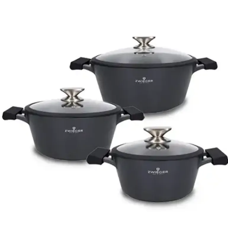ZWIEGER BLACK STONE Zestaw garnków z pokrywkami 20, 24, 28 cm + Patelnie 20, 28 cm + Brytfanna VERON + Pokrywki silikonowe KAIA HOME