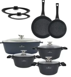 ZWIEGER BLACK STONE Zestaw garnków z pokrywkami 20, 24, 28 cm + Patelnie 20, 28 cm + Brytfanna VERON + Pokrywki silikonowe KAIA HOME