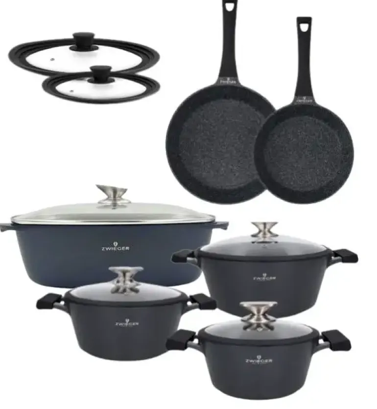 ZWIEGER BLACK STONE Zestaw garnków z pokrywkami 20, 24, 28 cm + Patelnie 20, 28 cm + Brytfanna VERON + Pokrywki silikonowe KAIA HOME
