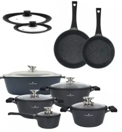 ZWIEGER BLACK STONE Zestaw garnków z pokrywkami 20, 24, 28 cm + Rondel 16 cm + Patelnie 20, 28 cm + Brytfanna VERON + Pokrywki silikonowe KAIA HOME
