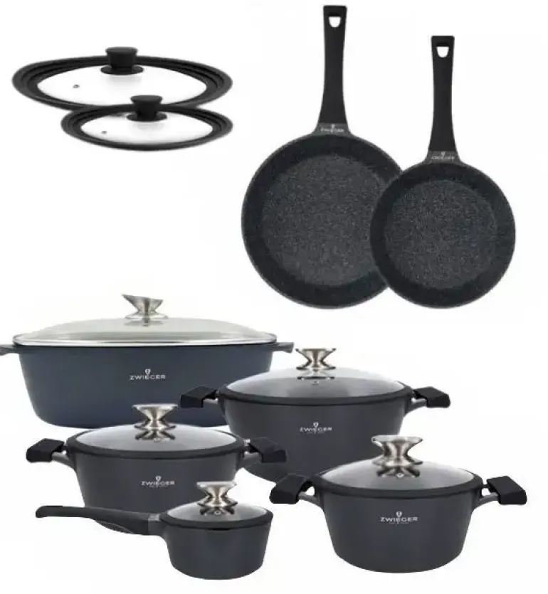 ZWIEGER BLACK STONE Zestaw garnków z pokrywkami 20, 24, 28 cm + Rondel 16 cm + Patelnie 20, 28 cm + Brytfanna VERON + Pokrywki silikonowe KAIA HOME