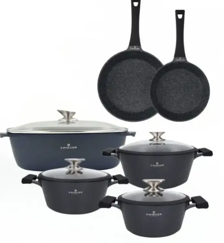 ZWIEGER BLACK STONE Zestaw garnków z pokrywkami 20, 24, 28 cm + Patelnie 20, 28 cm + Brytfanna VERON