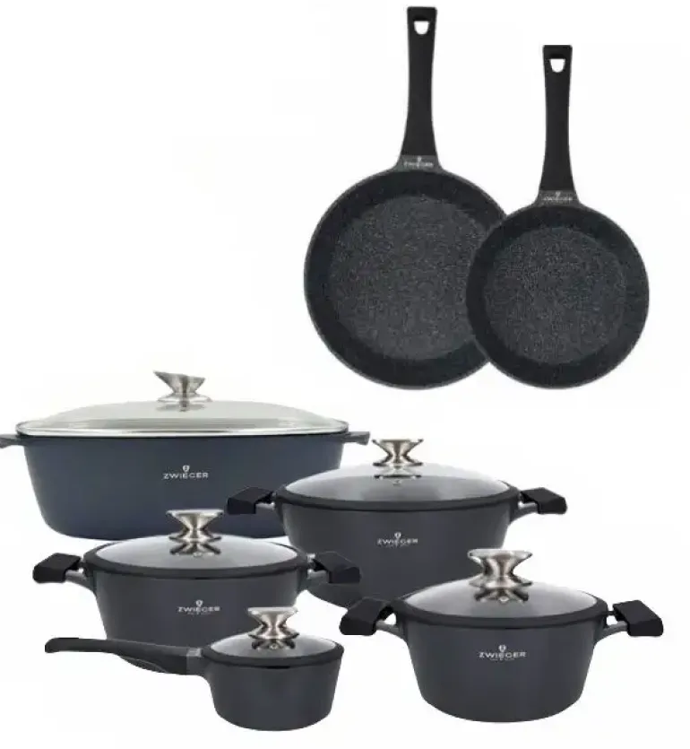 ZWIEGER BLACK STONE Zestaw garnków z pokrywkami 20, 24, 28 cm + Rondel 16 cm + Patelnie 20, 28 cm + Brytfanna VERON