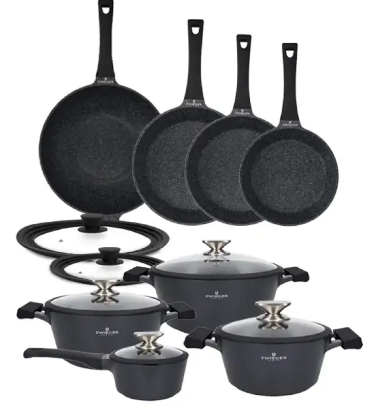 ZWIEGER BLACK STONE Zestaw garnków z pokrywkami 20, 24, 28 cm + Rondel 16 cm + Patelnie 20, 24, 28 cm + Wok 32 cm + Pokrywki Tadar