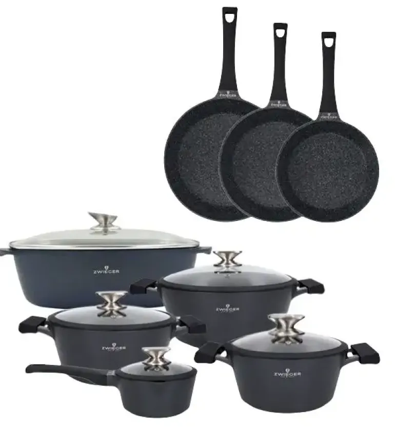 ZWIEGER BLACK STONE Zestaw garnków z pokrywkami 20, 24, 28 cm + Rondel 16 cm + Patelnie 20, 24, 28 cm + Brytfanna VERON