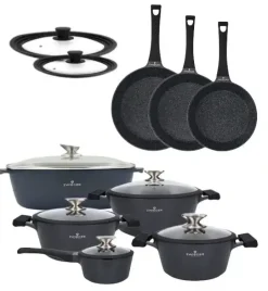 ZWIEGER BLACK STONE Zestaw garnków z pokrywkami 20, 24, 28 cm + Rondel 16 cm + Patelnie 20, 24, 28 cm + Brytfanna VERON + Pokrywki silikonowe KAIA HOME