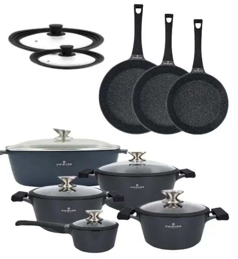 ZWIEGER BLACK STONE Zestaw garnków z pokrywkami 20, 24, 28 cm + Rondel 16 cm + Patelnie 20, 24, 28 cm + Brytfanna VERON + Pokrywki silikonowe KAIA HOME
