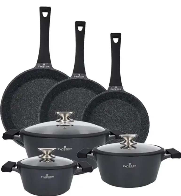 ZWIEGER BLACK STONE Zestaw garnków z pokrywkami 20, 24, 28 cm + Patelnie 20, 24, 28 cm