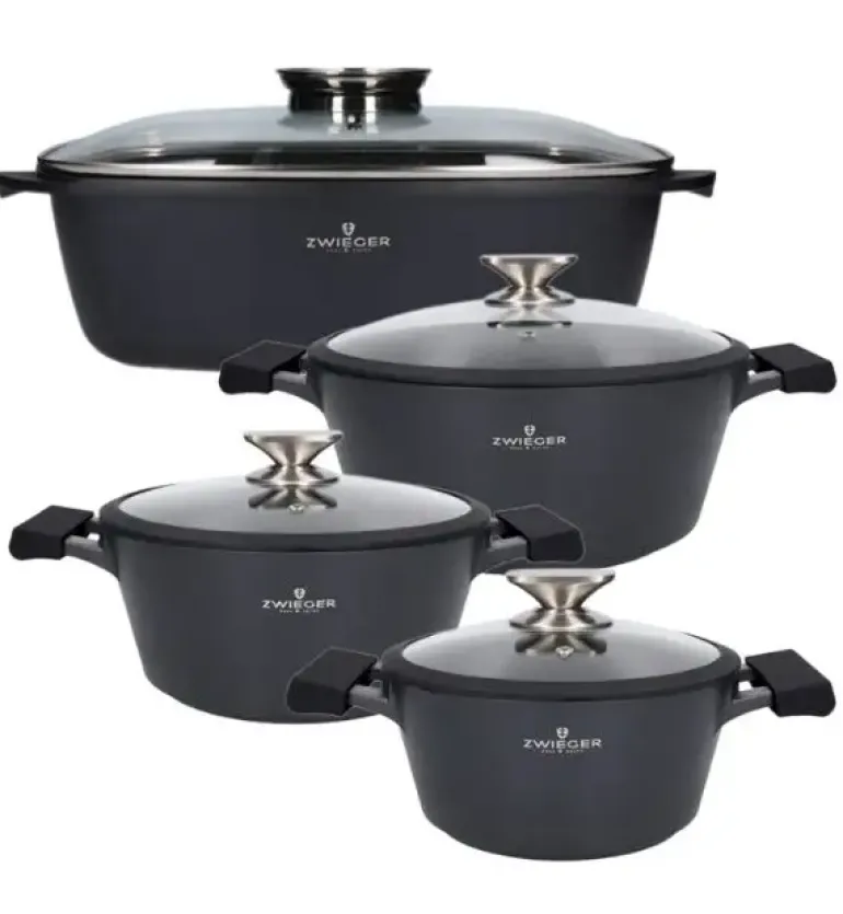 ZWIEGER BLACK STONE Zestaw garnków z pokrywkami 20, 24, 28 cm + Brytfanna 32 cm / GREBLON non-stick