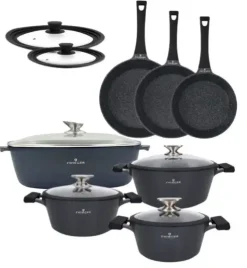 ZWIEGER BLACK STONE Zestaw garnków z pokrywkami 20, 24, 28 cm + Patelnie 20, 24, 28 cm + Brytfanna VERON + Pokrywki silikonowe KAIA HOME