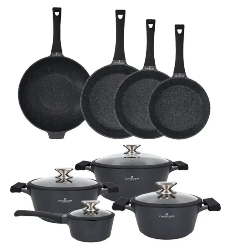 ZWIEGER BLACK STONE Zestaw garnków z pokrywkami 20, 24, 28 cm + Rondel 16 cm + Patelnie 20, 24, 28 cm + Wok 32 cm