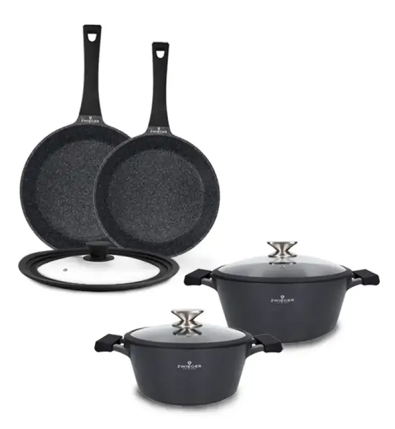 ZWIEGER BLACK STONE Zestaw garnków z pokrywkami 24, 28 cm + Patelnie 24, 28 cm + Pokrywka uniwersalna Tadar