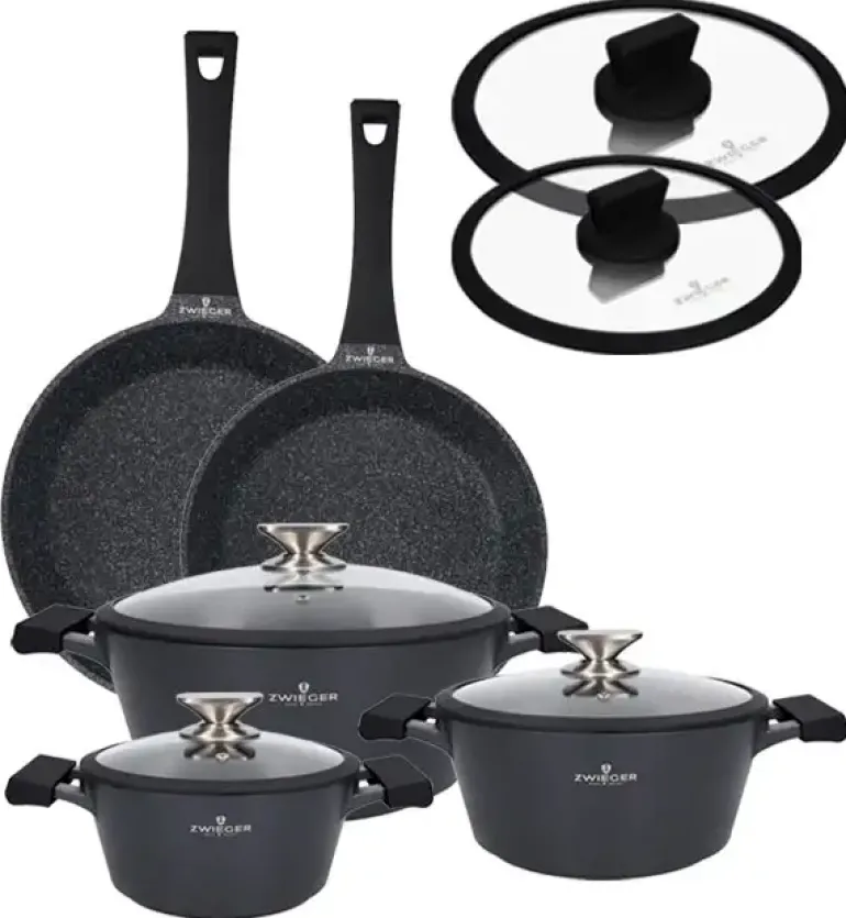 ZWIEGER BLACK STONE Zestaw garnków z pokrywkami 20, 24, 28 cm + Patelnie 24, 28 cm + Pokrywki