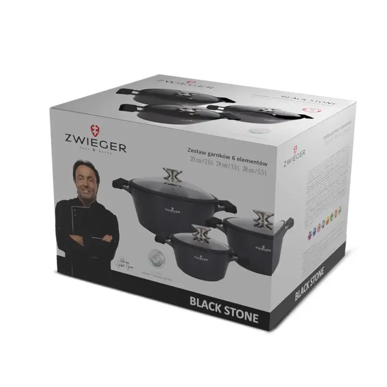 ZWIEGER BLACK STONE Zestaw garnków z pokrywkami 20, 24, 28 cm w opakowaniu GREBLON non-stick