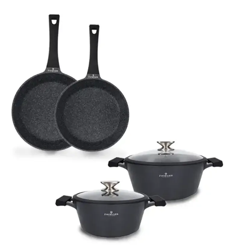 ZWIEGER BLACK STONE Zestaw garnków z pokrywkami 24, 28 cm + Patelnie 24, 28 cm