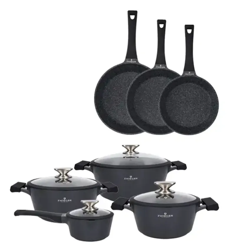 ZWIEGER BLACK STONE Zestaw garnków z pokrywkami 20, 24, 28 cm + Rondel 16 cm + Patelnie 20, 24, 28 cm