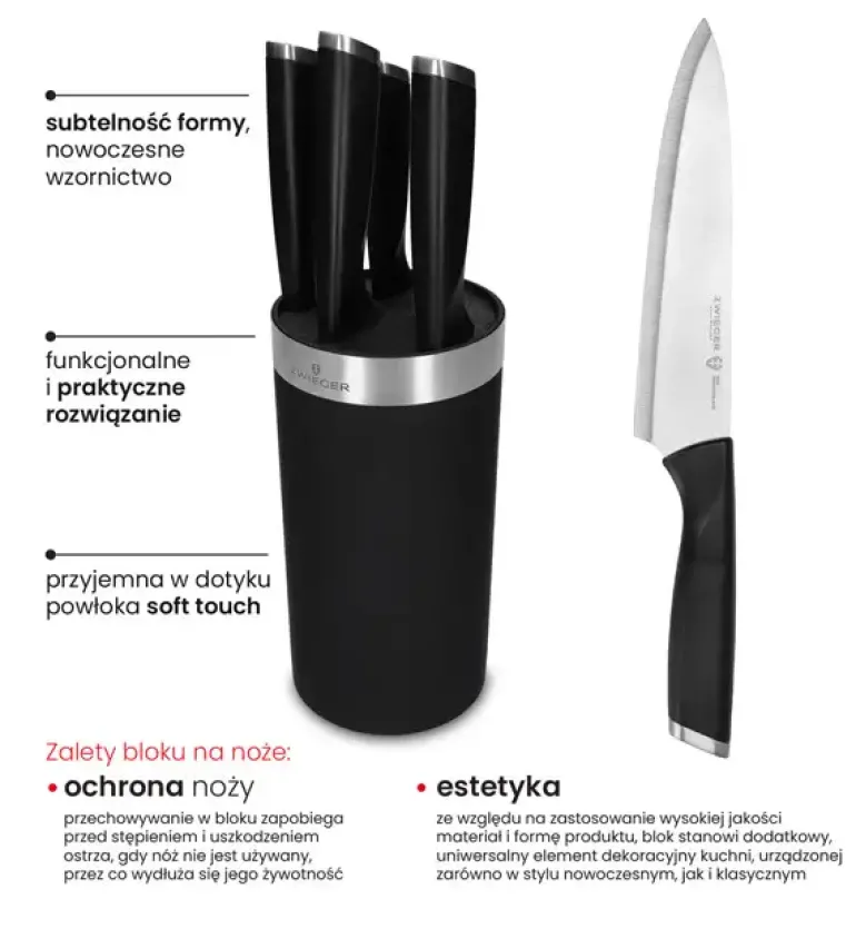 ZWIEGER FORTE III Komplet 5 noży kuchennych w czarnym bloku / stal nierdzewna + tworzywo PP