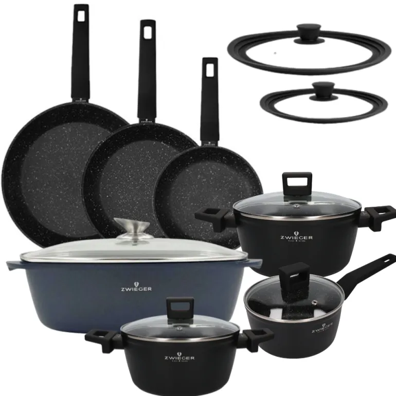 ZWIEGER FORTE Komplet garnków z pokrywkami / 16, 18, 20 cm + Patelnia 20, 24, 28 cm + Brytfanna VERON + Pokrywki silikonowe KAIA HOME