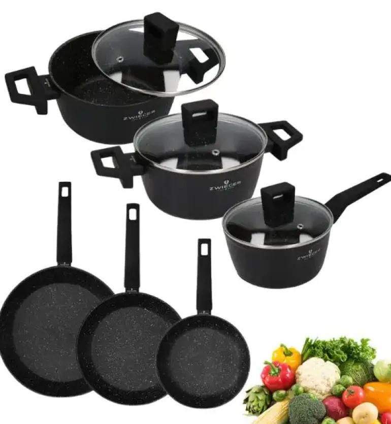 ZWIEGER FORTE Komplet garnków z pokrywkami 6 el /16, 18, 20 cm + Patelnia 20, 24, 28 cm+ pokrywki silikonowe / aluminium