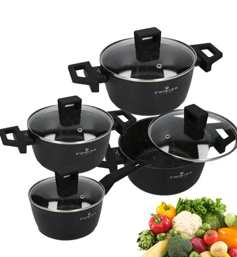 ZWIEGER FORTE Komplet garnków z pokrywkami 8 el /16, 18, 20, 24 cm + Patelnia 20, 24, 28 cm+ pokrywki silikonowe / aluminium