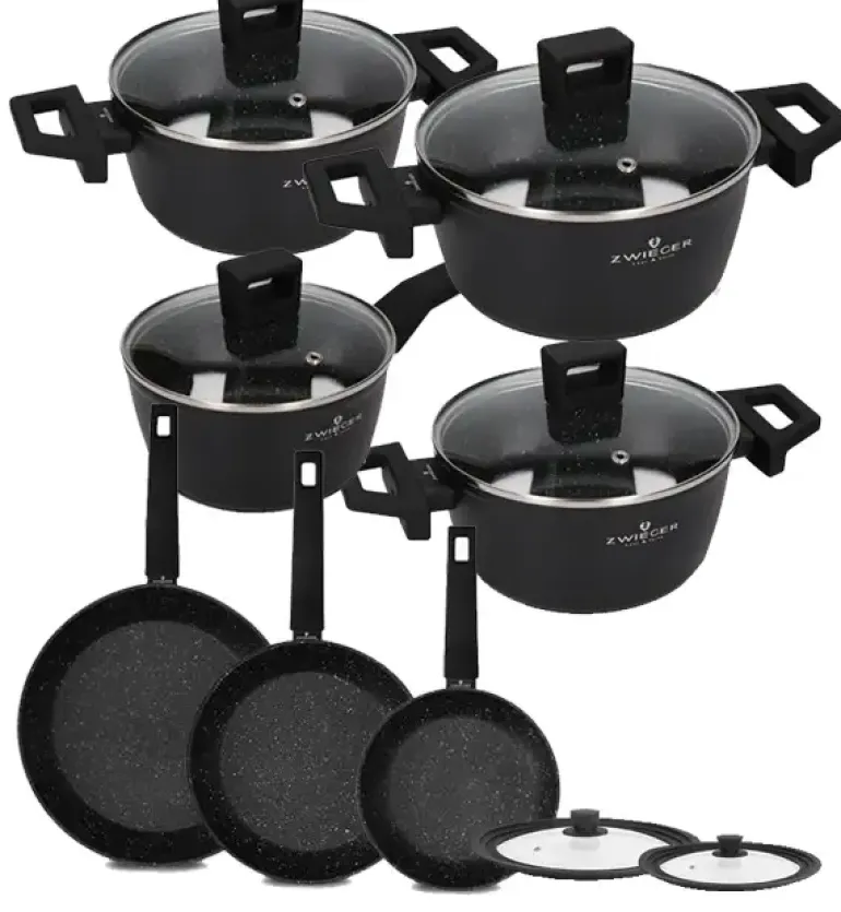 ZWIEGER FORTE Komplet garnków z pokrywkami 8 el /16, 18, 20, 24 cm + Patelnia 20, 24, 28 cm+ pokrywki silikonowe / aluminium