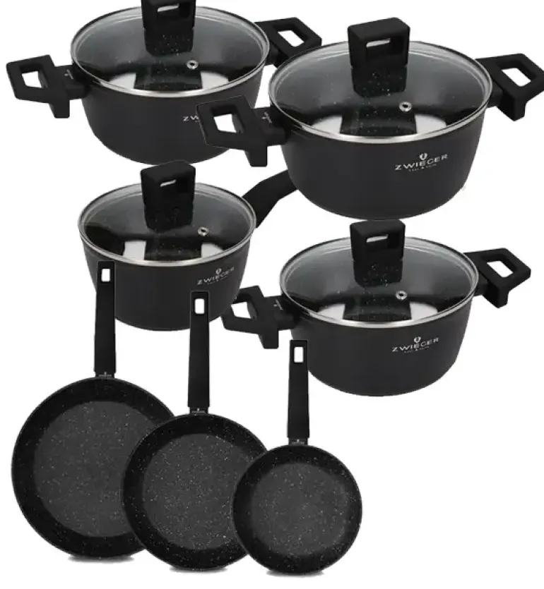 ZWIEGER FORTE Komplet garnków z pokrywkami 8 el /16, 18, 20, 24 cm + Patelnia 20, 24, 28 cm aluminium
