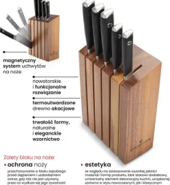 ZWIEGER MAGNETO Komplet 5 noży w bloku drewnianym / stal nierdzewna + drewno akacjowe + ostrzałka NN