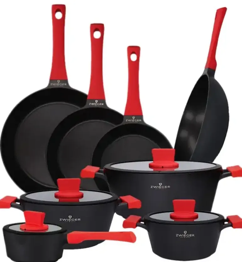 ZWIEGER OBSIDIAN Komplet Garnki 6 el z pokrywkami 5,5l/ 3,5l/ 2l + Rondel + Patelnie 20, 24, 28 cm + Wok 32 cm / GREBLON