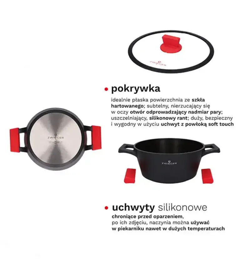 ZWIEGER OBSIDIAN Komplet Garnki 6 el z pokrywkami 5,5l/ 3,5l/ 2l +patelnia 20, 24, 28 cm / GREBLON
