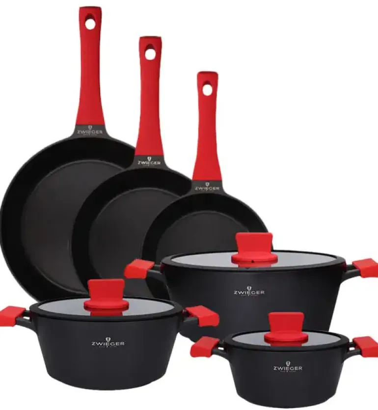 ZWIEGER OBSIDIAN Komplet Garnki 6 el z pokrywkami 5,5l/ 3,5l/ 2l +patelnia 20, 24, 28 cm / GREBLON