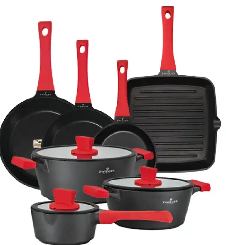 ZWIEGER OBSIDIAN Komplet garnków z pokrywkami 6 el+ patelnie Zwieger Obsidian 20, 24, 28cm + grillowa 28 cm