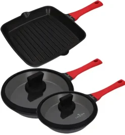 ZWIEGER OBSIDIAN Komplet patelni 24,28 cm + patelnia grillowa 28 cm + pokrywka 24, 28 cm / powłoka GREBLON C3+ non- stick