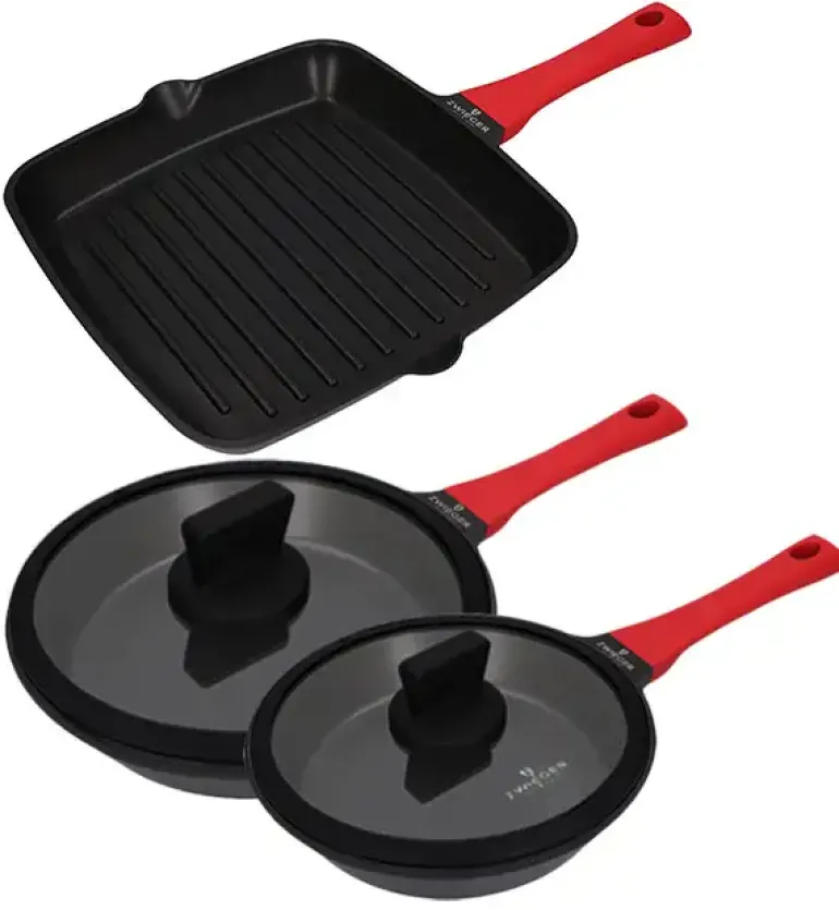 ZWIEGER OBSIDIAN Komplet patelni 24,28 cm + patelnia grillowa 28 cm + pokrywka 24, 28 cm / powłoka GREBLON C3+ non- stick