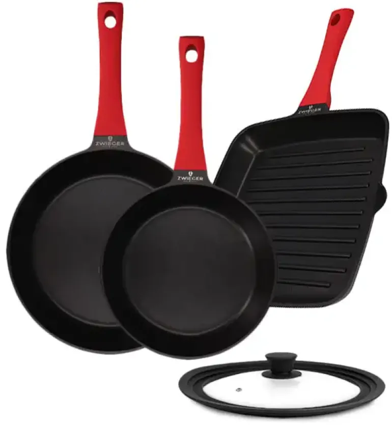ZWIEGER OBSIDIAN Komplet patelni 24, 28 cm + pokrywki + patelnia grillowa 28 cm / powłoka GREBLON non- stick