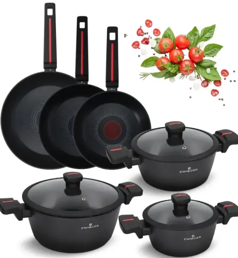 ZWIEGER RED LINE Komplet garnków z pokrywkami 18, 20, 24 cm + Patelnie 20, 24, 28 cm + Patelnia do naleśników 24 cm + Brytfanna 33 cm