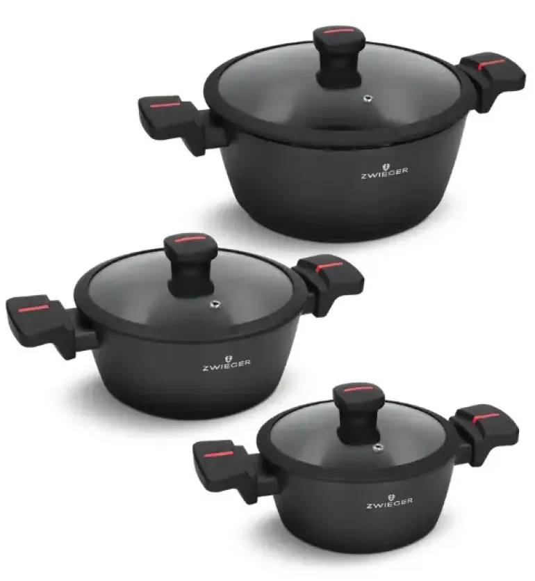 ZWIEGER RED LINE Komplet garnków z pokrywkami 18, 20, 24 cm + Patelnie 20, 28 cm + Pokrywki szklane